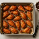 Overhead of 16 golden air fryer chicken wings with blistered skin in an 8×8-inch pan on parchment.