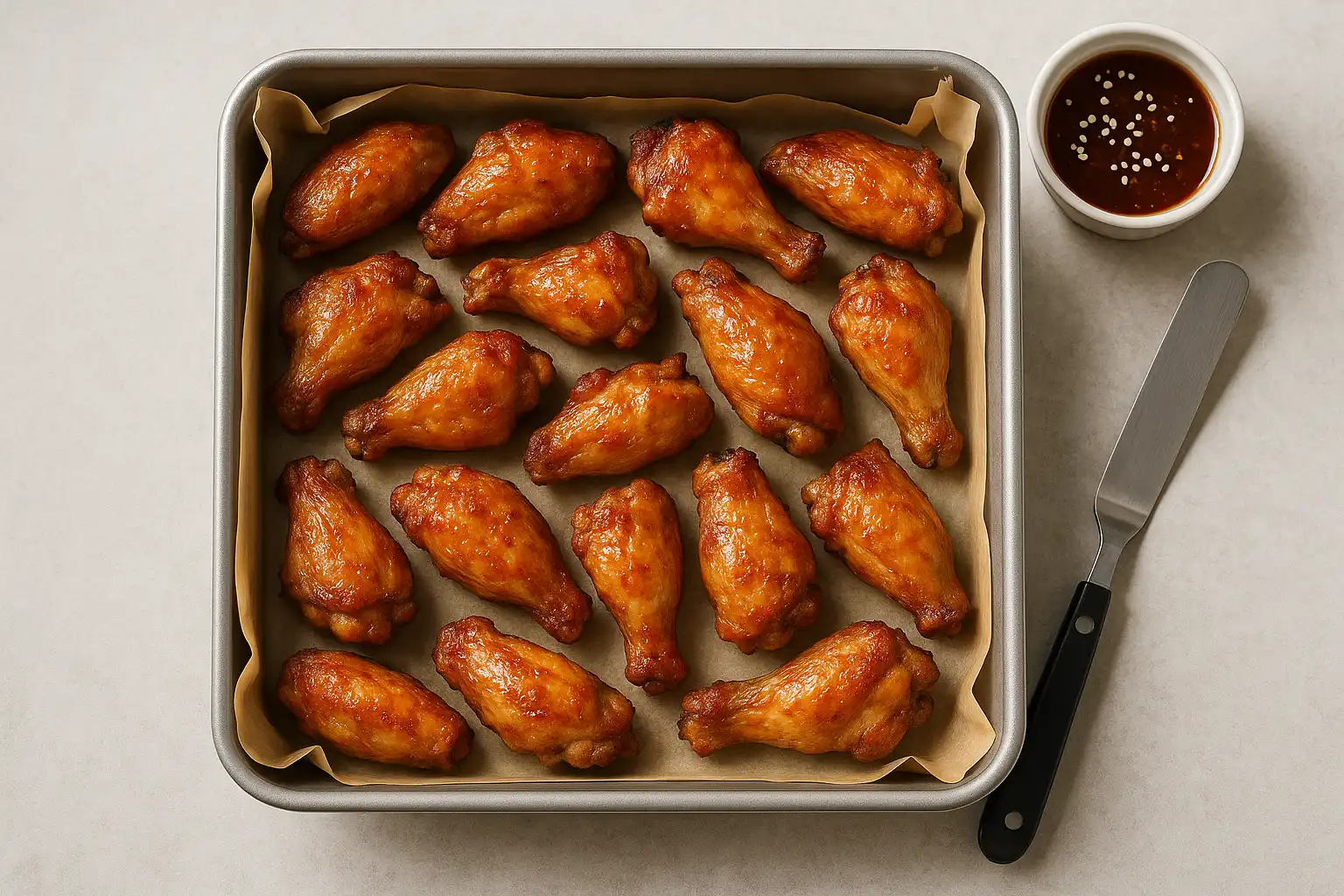 Overhead of 16 golden air fryer chicken wings with blistered skin in an 8×8-inch pan on parchment.