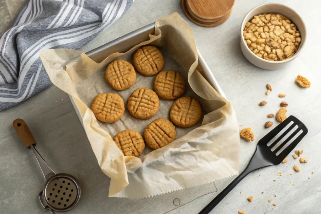 Overhead of 16 peanut butter cookies with clear criss-cross pattern on parchment in an 8×8-in pan
