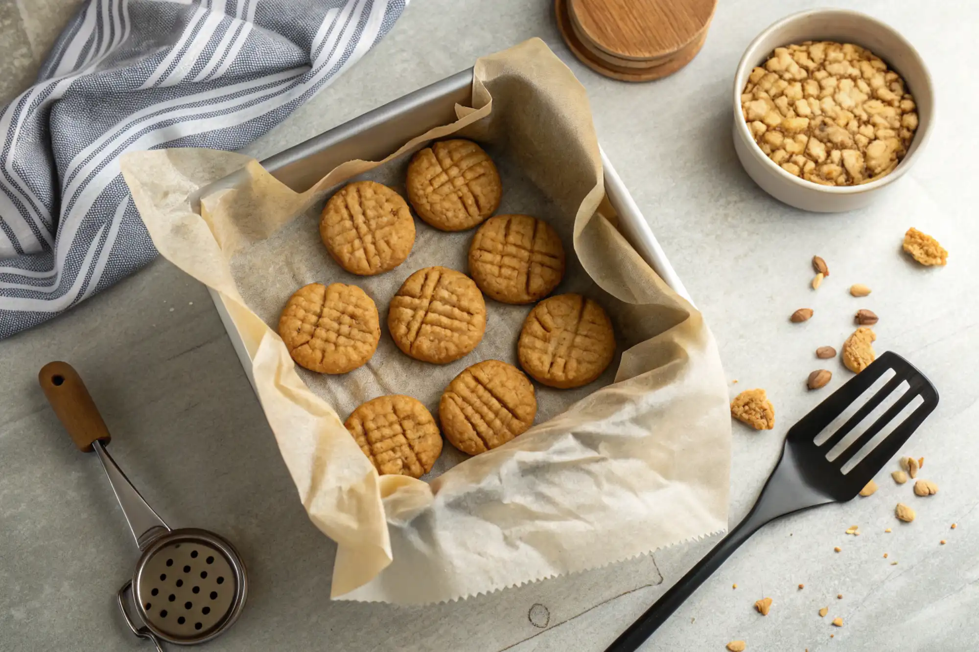 Overhead of 16 peanut butter cookies with clear criss-cross pattern on parchment in an 8×8-in pan