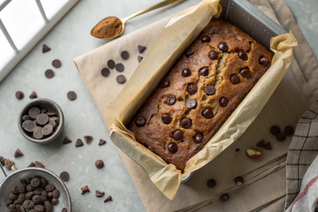 Overhead of chocolate chip banana bread cut into 16 squares with visible chips and golden tops