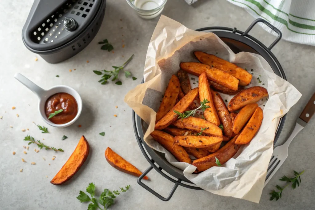 Overhead of crispy air fryer sweet potato wedges in basket