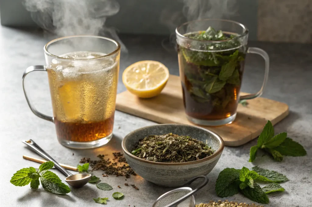 Overhead of hot and iced peppermint tea, two mugs, mint leaves, ice bowl, lemon slices, and strainer on parchment