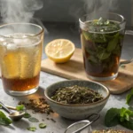 Overhead of hot and iced peppermint tea, two mugs, mint leaves, ice bowl, lemon slices, and strainer on parchment
