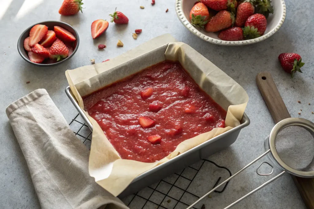 Overhead of strawberry purée in 8×8 in pan, glossy surface, sieve and spatula nearby