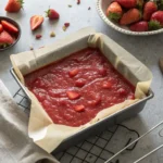 Overhead of strawberry purée in 8×8 in pan, glossy surface, sieve and spatula nearby