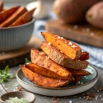 Stack of sweet potato wedges showing crisp crust