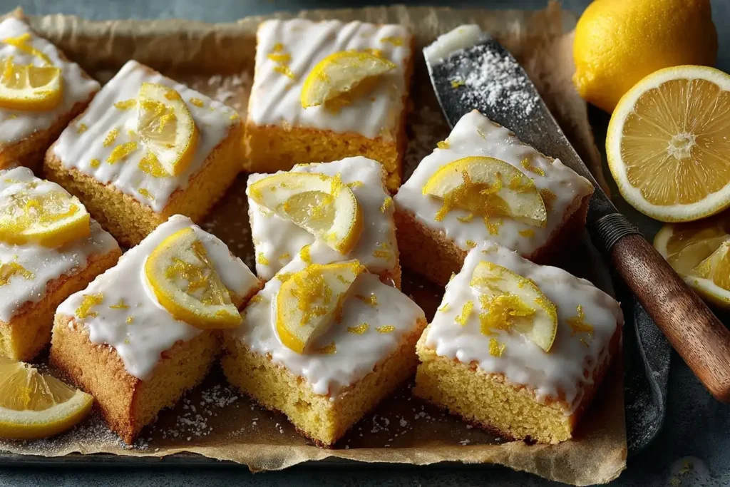 overhead of glazed lemon shortbread cut into 16 squares with zest