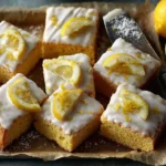overhead of glazed lemon shortbread cut into 16 squares with zest