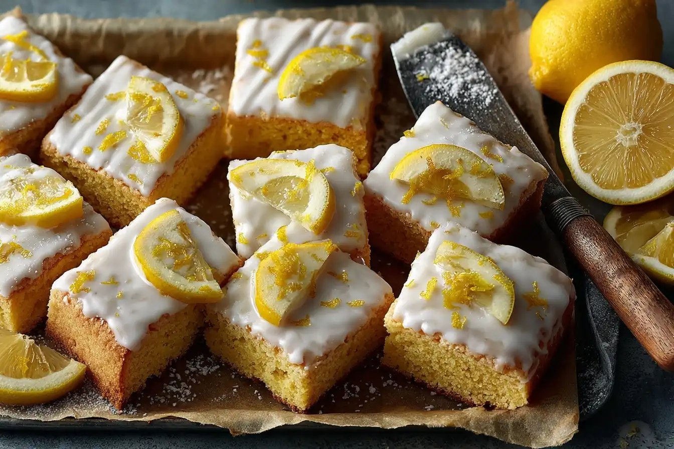 overhead of glazed lemon shortbread cut into 16 squares with zest