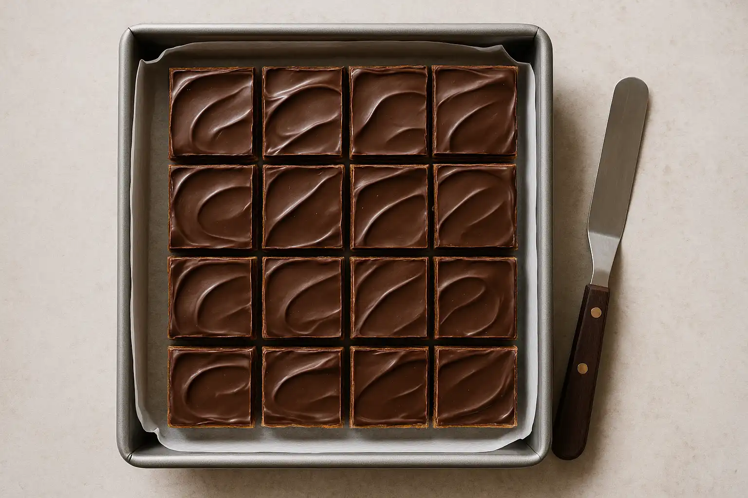 Distinct cracker base, amber toffee, glossy chocolate top with flaky salt