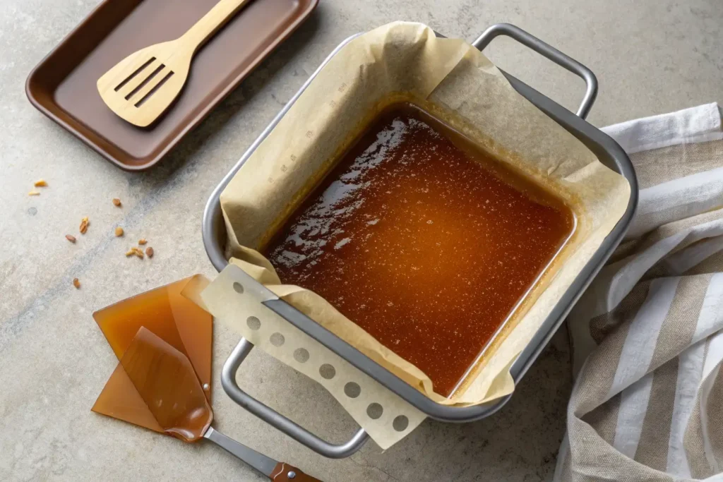 Overhead of glossy brown sugar syrup set in a lined pan, ready to pour