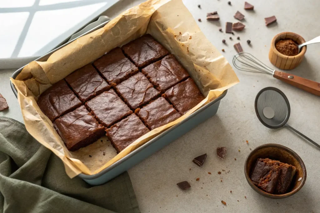 Overhead of neatly sliced sweet potato brownies with glossy tops and parchment sling