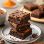 Stack of sweet potato brownie squares showing dense, fudgy crumb and shiny top