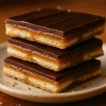 Stacked toffee pieces showing layers—cracker, toffee, chocolate