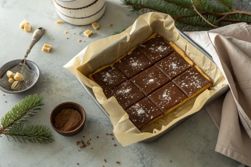 overhead of 16 chocolate-topped toffee squares showing layers
